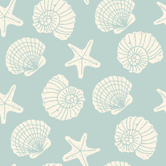 Block print seashells vector pattern. Seamless vintage pattern with tropical beach shells. Summer vacation design 