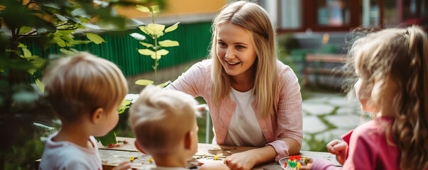 Kindergarten teacher playing with children outdoors..