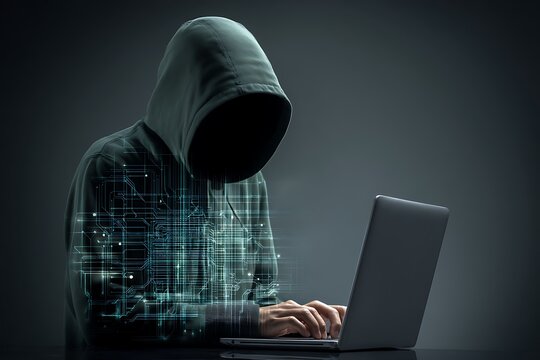 A hacker in a green hoodie working on a laptop with a digital web of AI circuits behind them, set against a solid dark gray background, with soft backlighting and neon highlights.