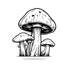 Black and White Illustration of Various Mushrooms  