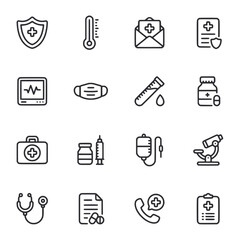 A set of medical icons including a stethoscope, thermometer, and syringe