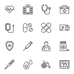 Fototapeta premium A set of medical icons including a stethoscope, syringe, and a hospital building