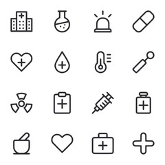 A set of medical icons including a heart, thermometer, syringe, and a pill
