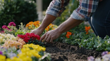 Fototapeta premium Hispanic landscaper installing garden edging around flower beds. Featuring landscaping and garden design