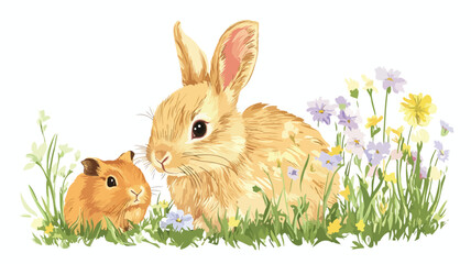 Playful Rabbit Among Vibrant Flowers and Lush Grass - Nature Photography