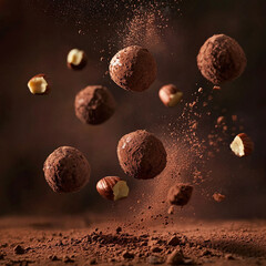 High-resolution food photography of chocolate truffles floating in mid-air, with cocoa powder and hazelnuts floating around