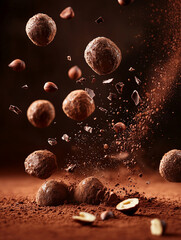 High-resolution food photography of chocolate truffles floating in mid-air, with cocoa powder and hazelnuts floating around