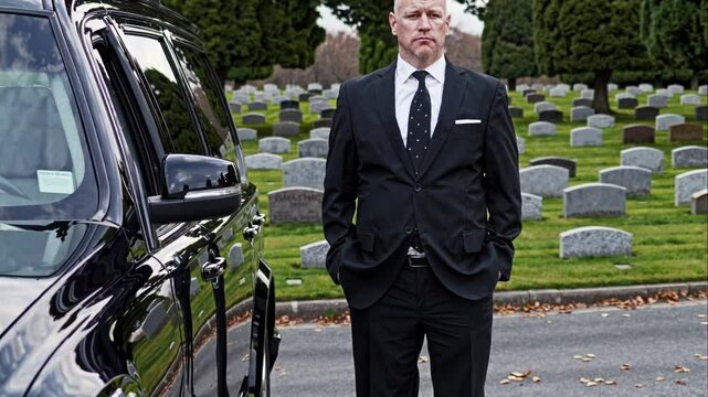 Solemn Driver Near Hearse at Cemetery