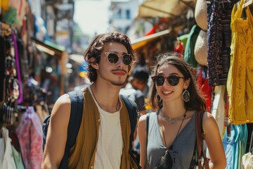 Trendy young couple walking through colorful city streets at night with lights and urban atmosphere