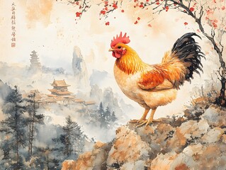 Fototapeta premium Elegant watercolor illustration of a proud rooster standing on a cliff with traditional Chinese landscape and temple architecture in soft ink wash style
