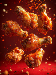 High-resolution food photography of fried chicken wings floating in mid-air, surrounded by splashes of hot sauce and spices