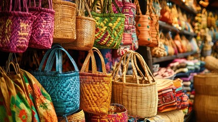 A vibrant display of handcrafted woven bags and baskets at a market stall.