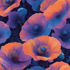 Vibrant Floral Pattern with Lush Poppies in Shades of Blue and Orange against Dark Background