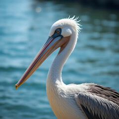 Selective focus shot of a pelican near the water