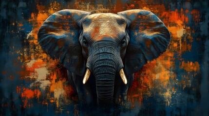 Majestic elephant head with textured skin and ivory tusks in front of an abstract splatter background, blending wildlife and artistic expression © PinkBirdDesign