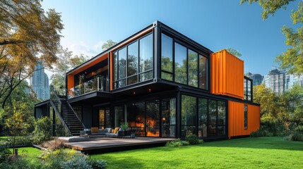 Fototapeta premium modern orange,black shipping container home,large windows second floor terrace,outdoor staircase surrounded by green grass,trees under a clear blue sky,stock photo