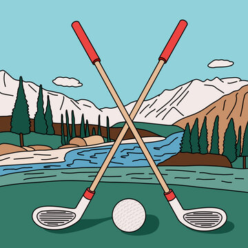 Golf Ball and Crossed Golf Clubs on Grass in a Winter Forest and Mountains Background with a Clear Blue Sky. Sport Concept Scene Illustration 