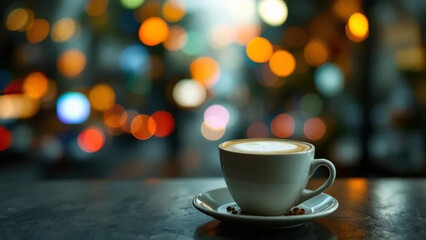 Obraz premium A cup of coffee and city lights in the background.