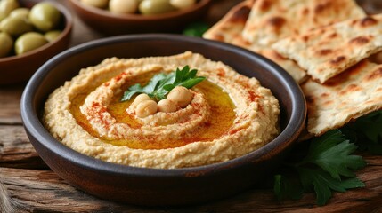 Creamy hummus in a bowl with pita bread and olives.  A delicious, healthy dip