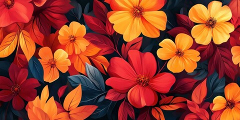 Vibrant Floral Pattern with Red, Yellow, and Orange Flowers and Leaves Against a Dark Background