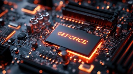 Fototapeta premium Modern computer graphics card technology showcasing intricate circuit design and vibrant LED lighting
