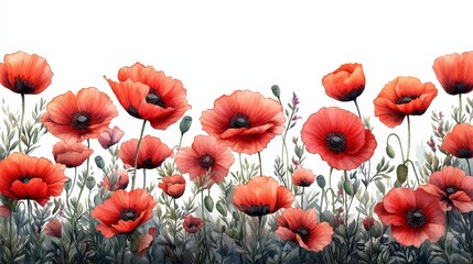 Obraz premium Vibrant red poppies bloom in a serene landscape, showcasing nature's beauty and tranquility
