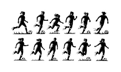 Woman playing football symbol and sign silhouette, female football player vector illustration design, isolated on a white background.