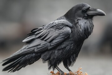 Naklejka premium Raven perched on a branch with intricate feather details in a natural setting