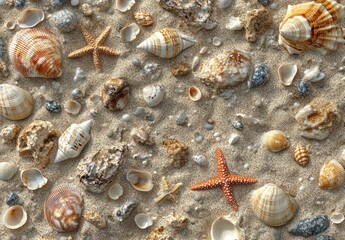 A Beautiful Collection of Colorful Sea Shells and Starfish on Sandy Beach Shore