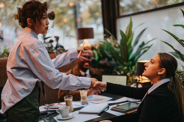 In a casual yet professional setting, individuals collaborate and discuss business strategies, fostering teamwork and communication in a cordial environment.