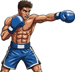 Illustration of a white male boxer athlete with blue gloves and shorts swinging a punch, isolated on white background