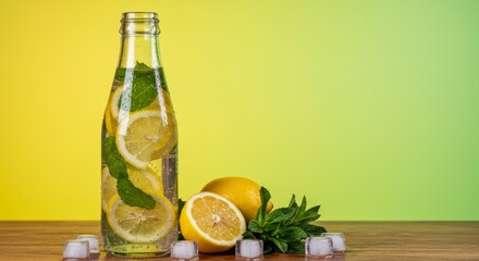 A bottle of infused water containing fresh lemon slices and mint leaves. It is placed on a wooden surface surrounded by ice cubes, whole and halved lemons, and mint sprigs.