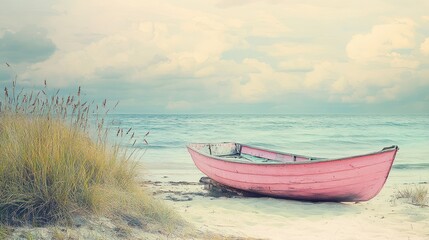 Fototapeta premium A serene pink boat rests on a tranquil beach.