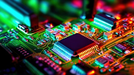 Fototapeta premium Close-up of a vibrant circuit board showcasing intricate electronic components and colorful lights