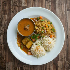 Top view of traditional Indian lunch with soup rice and salad