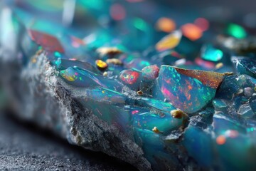 Iridescent colors swirl within the opal's surface, revealing intricate inclusions and stunning macro detail.
