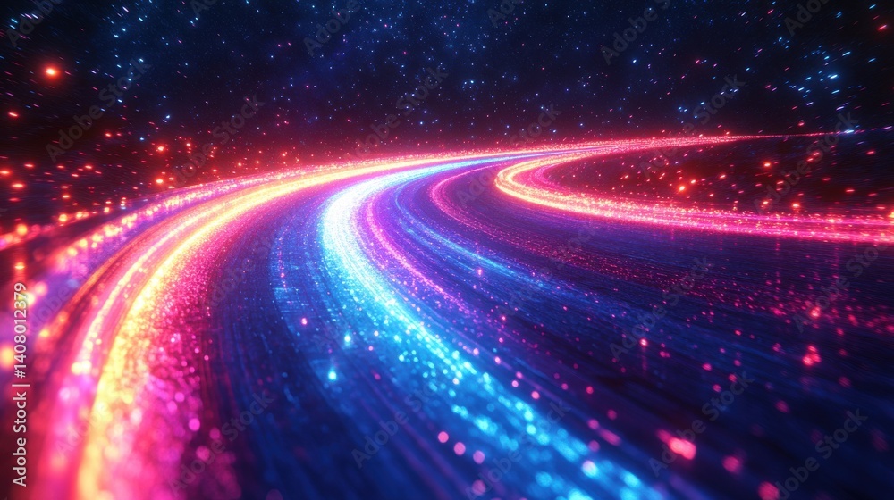 Poster neon blue,pink light trails against a starry sky flowing in a curved path to create a vibrant fast m