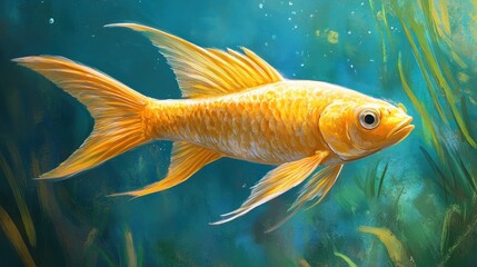 Fototapeta premium Vibrant Goldfish Swimming Gracefully Underwater Surrounded by Aquatic Plants and Bubbles in Clear Blue Water