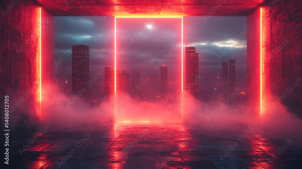 Aufkleber neon frame,square red,cyan lights high tech skyscraper rooftop,misty skyline copy space generative ai,stock photo