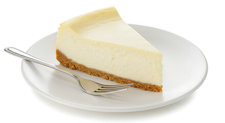 A slice of classic New York cheesecake with a graham cracker crust, served on a white plate with a fork beside it, isolated on a white background