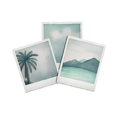 Watercolor travel photos with palm tree and mountain lake on transparent background.