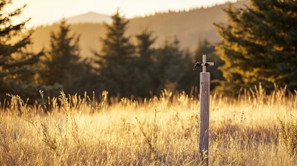 A wooden cross stands in a meadow, bathed in golden autumn sunrise light. Peace and solitude in nature's embrace.

