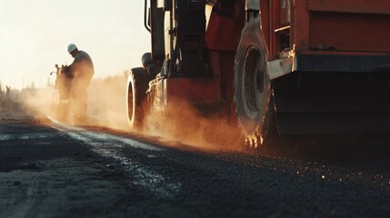 Asphalt paver operating road surfacing machinery. Featuring expertise and accuracy