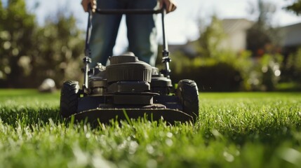 Hispanic landscaper mowing a lawn in the backyard. Featuring landscaping and garden maintenance