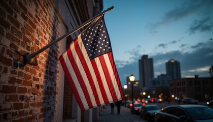 Naklejka premium American flag waving at dusk over a city street 