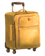 Watercolor illustration of a yellow rolling suitcase on transparent background.