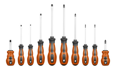 Set of Philips and flathead screwdrivers Brown color on isolated white background close-up
