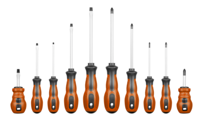 Set of Philips and flathead screwdrivers Brown color on isolated white background close-up