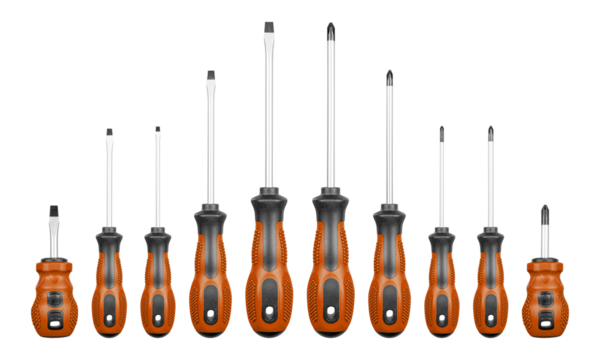 Set of Philips and flathead screwdrivers Brown color on isolated white background close-up