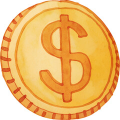 Watercolor illustration of a gold coin with dollar sign on transparent background.